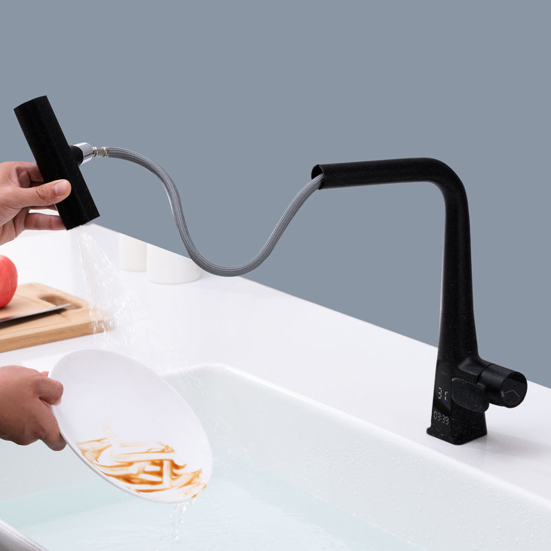 Robinet de cuisine noir mat avec rétractable - affichage de la température avec une seule poignée et trois modèles de sortie d'eau, jet, pluie pour l'évier et les objets