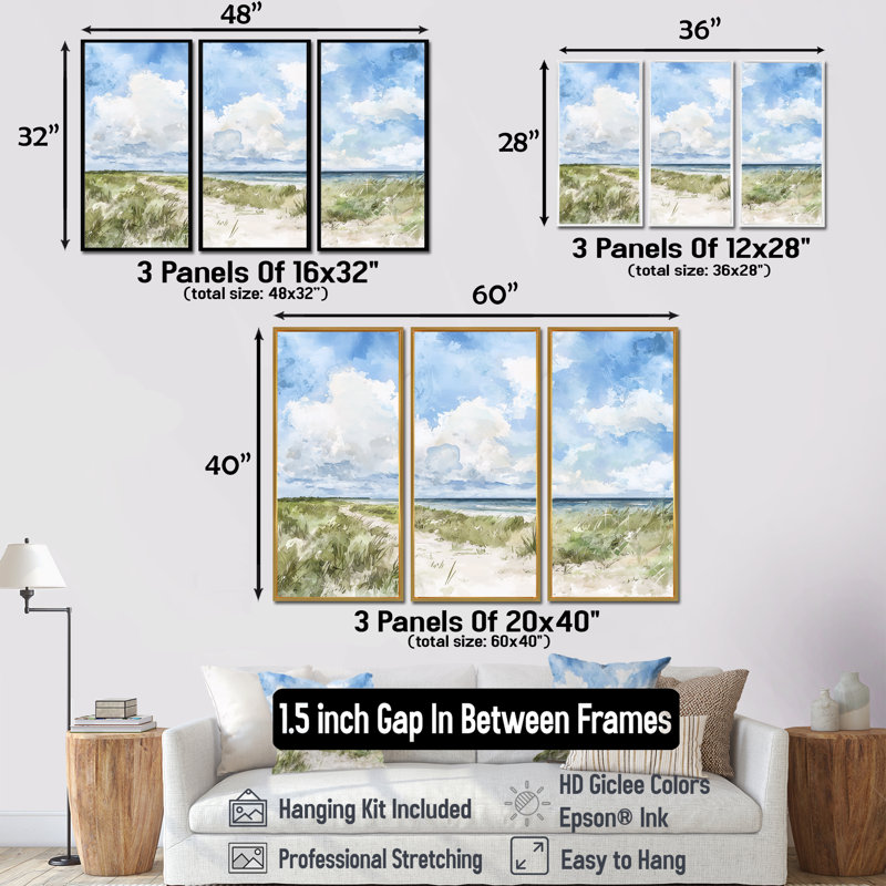 Texas Coastal Beach - ensemble d'art mural Texas, 32" H x 48" W, Reproduction avec cadre flottant, Naturel