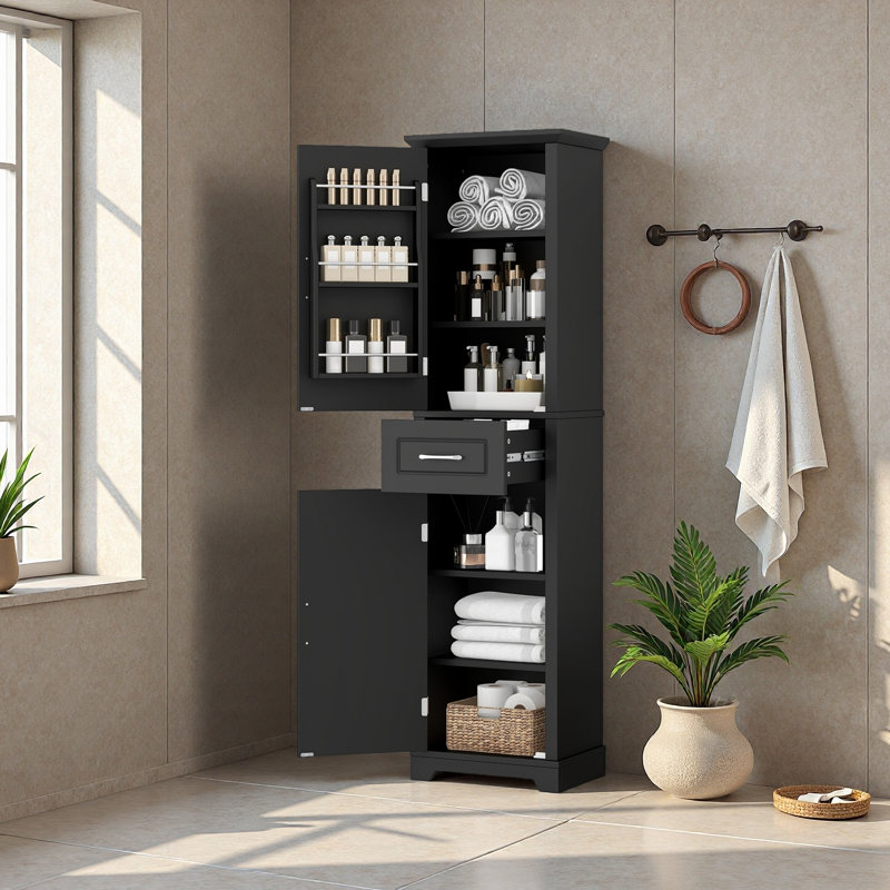 Grande armoire de rangement pour salle de bain, armoire de rangement autoportante avec deux portes et tablettes réglables