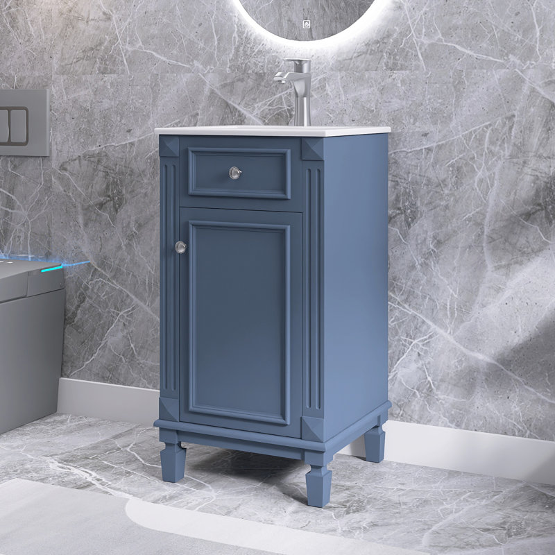 Meuble-lavabo simple autoportant bleu 18 po avec lavabo en céramique, avec porte à fermeture douce, tablette réglable, Bleu