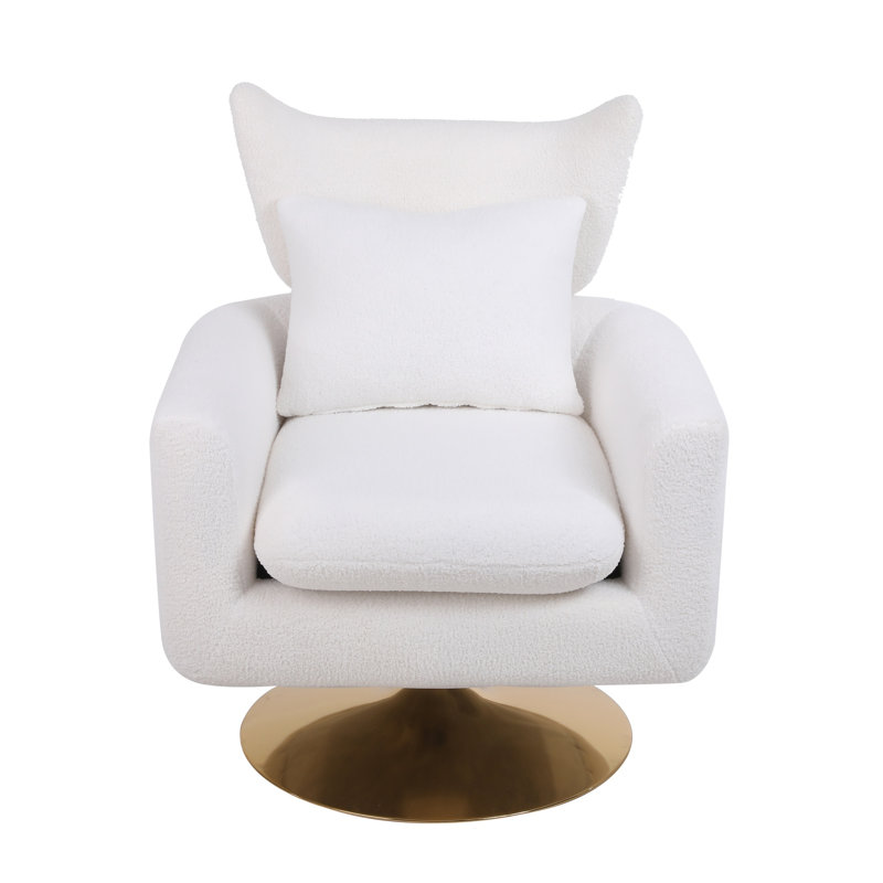 360-Degree Swivel Accent Chair with a Pillow, White Linen