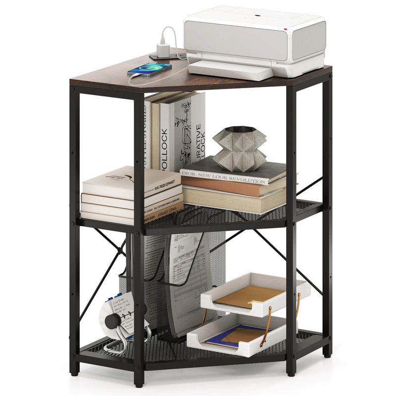 Corner Printer Stand with Charging Station Adjustable Metal Mesh Shelf Brown, Brown/Black