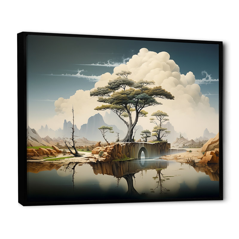 Surréalisme, paysage désertique I - art mural surréalisme, Cadre flottant noir, H 30 po x l 40 po x P 1,5 po