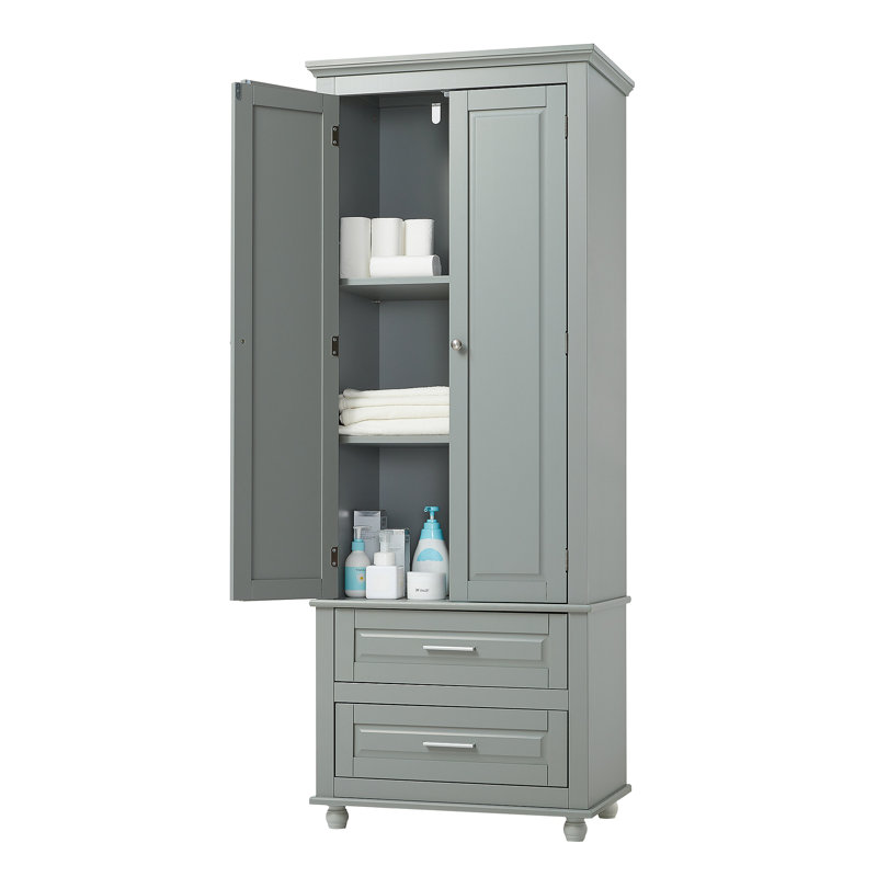 Tall Storage Cabinet With Two Drawers For Bathroom Office, Gray