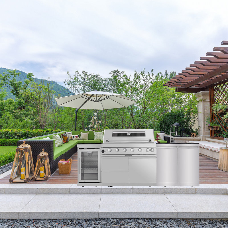 43-Inch 6-Burner 85000 BTU Deluxe Stainless Steel Gas Outdoor Kitchen Bar Barbecue Island Grill  + Wine Cooler Compact Refrigerator + Rotisserie + Granite Countertops + Storage Cabinets & Drawers