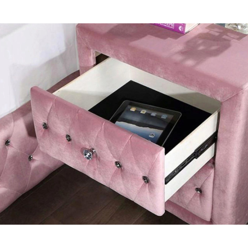 Mobilier de chambre à coucher rose: table de chevet 2 avec texture veloutée et boutons en cristal, Pink