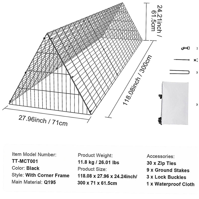 Tunnels à poulets, 118,1 x 28 x 24,2 pouces (L x l x H) tunnels à poulets pour la cour, tunnels à poulets portables pour une installation facile à l'extérieur, poulailler, convient aux poulets, aux canards, aux lapins