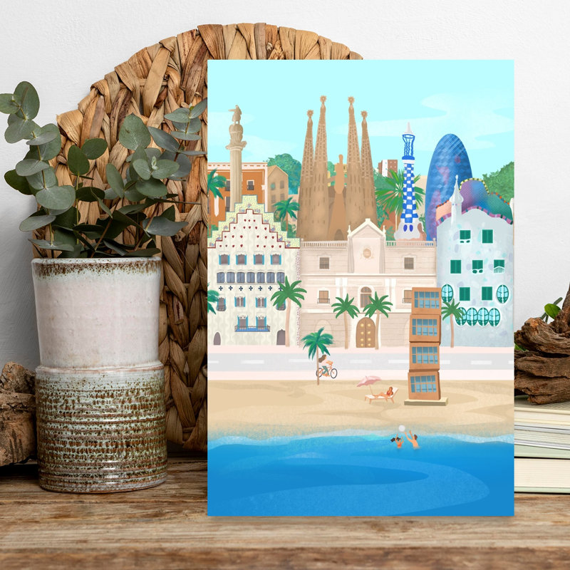 Barcelona Colorful Abstract Palm Tree Architecture Beach Wall Art Print 1 Piece Wrapped Canvas Wall Art