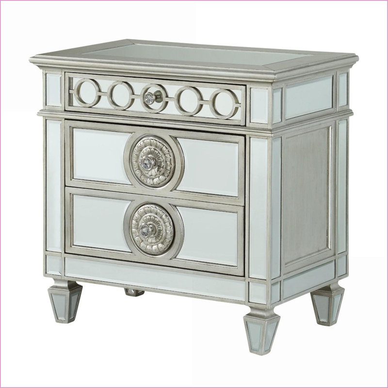 Table de chevet glamour à 2 tiroirs pour chambre Varian, Argent argent
