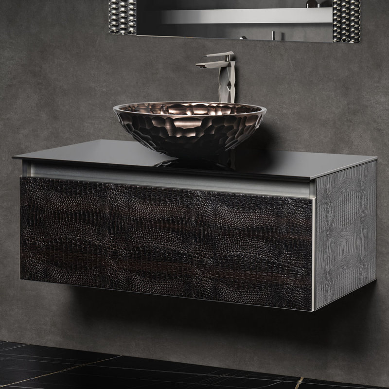 Meuble-lavabo simple avec comptoir, Crocodile foncé, 35", Verre trempé noir