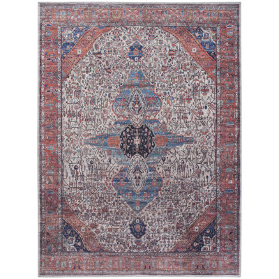5' X 7' Red And Ivory Oriental Power Loom Distressed Washable Non Skid Area Rug