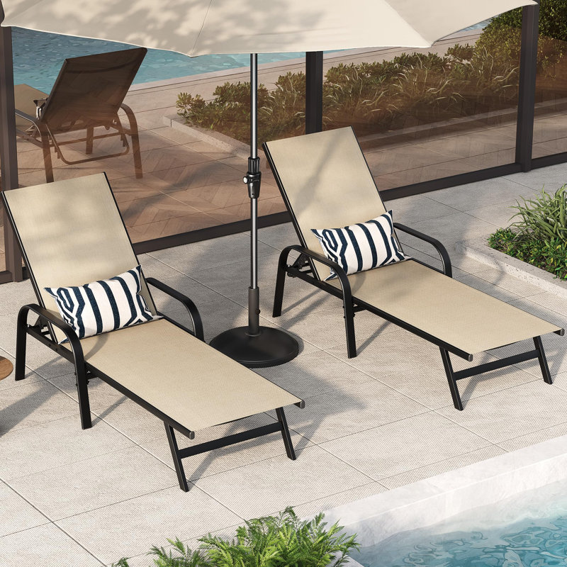 Set of 2 Adjustable Pool Loungers - 5-Position Chaise Chairs with Armrests for Beach, Deck, Yard, Poolside (Brown, 2pcs)