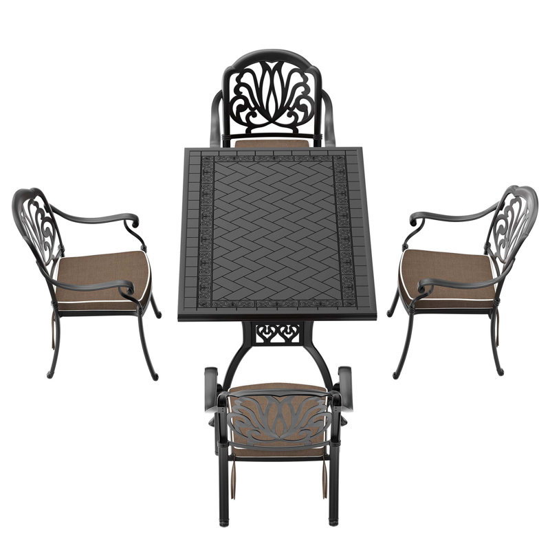 5-Piece Cast Aluminum Patio Furniture Set With Brown Cushions, 4
