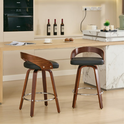 Bar Stools Set Of 2, Swivel Bar Height Stools With Low Back, Wood Bar Chairs With Soft Cushion Seat, 25-Inch Seat Height (Black, 25" Counter Height) by George Oliver