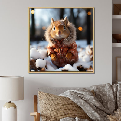 Mignon écureuil avec écharpe dans la neige IV - écureuil, art mural animal