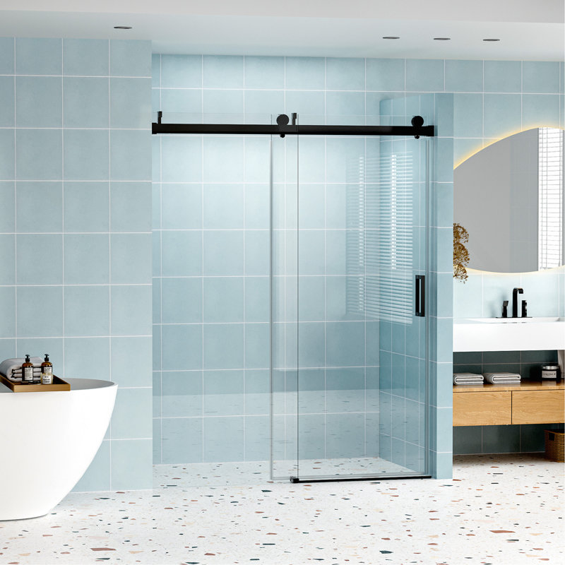 Porte de douche coulissante simple sans cadre à fermeture en douceur de 56 à 60 po x H 76 po, verre trempé 1/4 po (6 mm) avec revêtement antidéflagrant par livraison express, noir mat