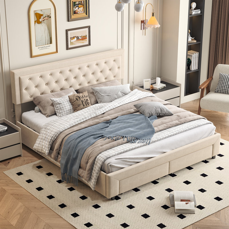 Upholstered Storage Bed, Beige, European Kingsize (160 x 200 cm)