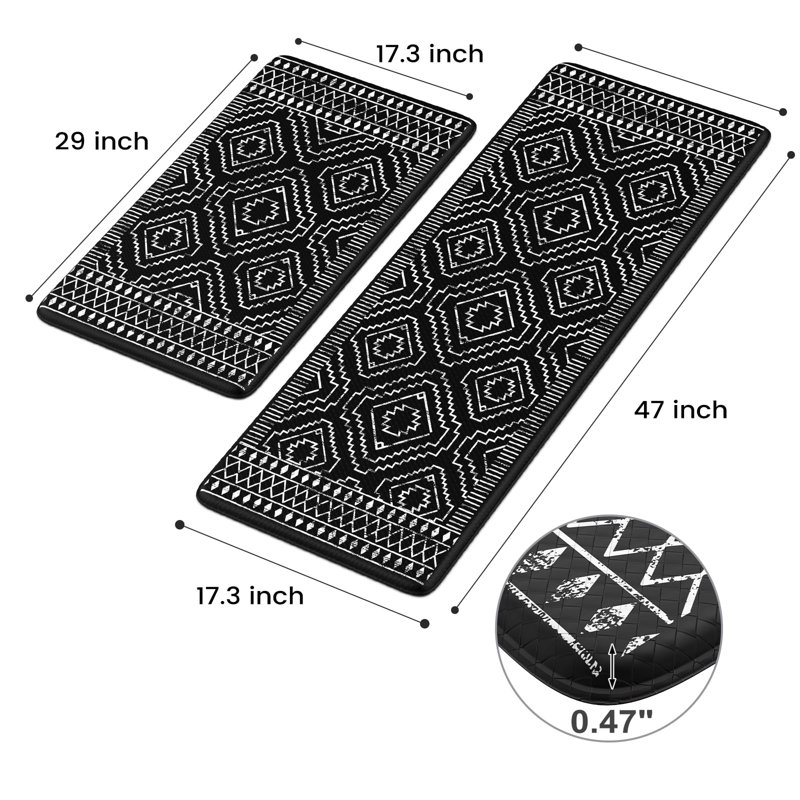 Waterproof Comfort Boho Kitchen Rugs Sets of 2, Black