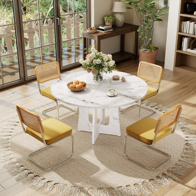 47 Inch Farmhouse Round Dining Kitchen Table Set for 4, Yellow, 5 Pieces: Table, 4 Chairs, White