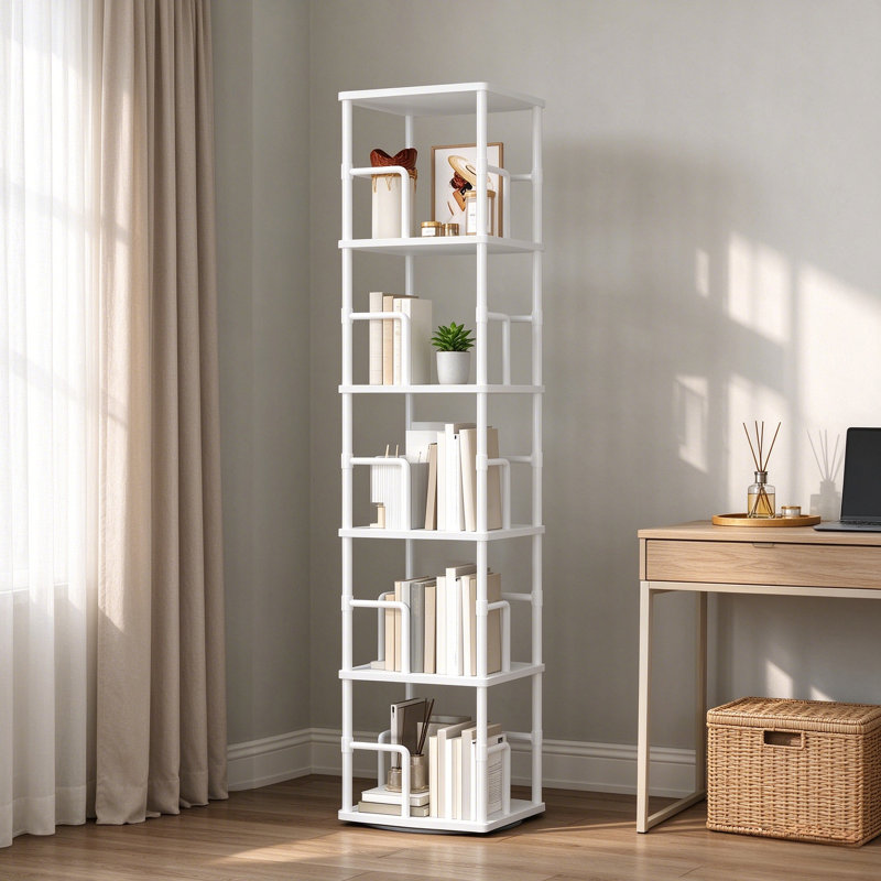 Corner Shelf, 5-Tier Rotating Bookshelf, Freestanding Corner Bookcase, 360° Rotating Book Cabinet, Industrial Style Storage Rack with Guardrails, for Living Room, Bedroom, Study