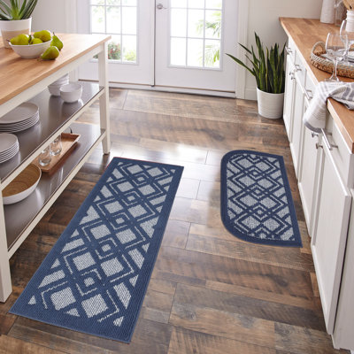Ensemble de 2 tapis de cuisine à motif géométrique bleu marine antidérapant ultra résistant à l'eau