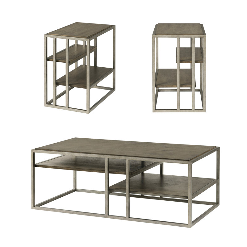 Ensemble de tables de salon avec pièces en métal et en bois: 2 tables basses, brun, rectangulaire, ensemble de tablettes fixes: 1 et structure, placage de peuplier massif, finition brune
