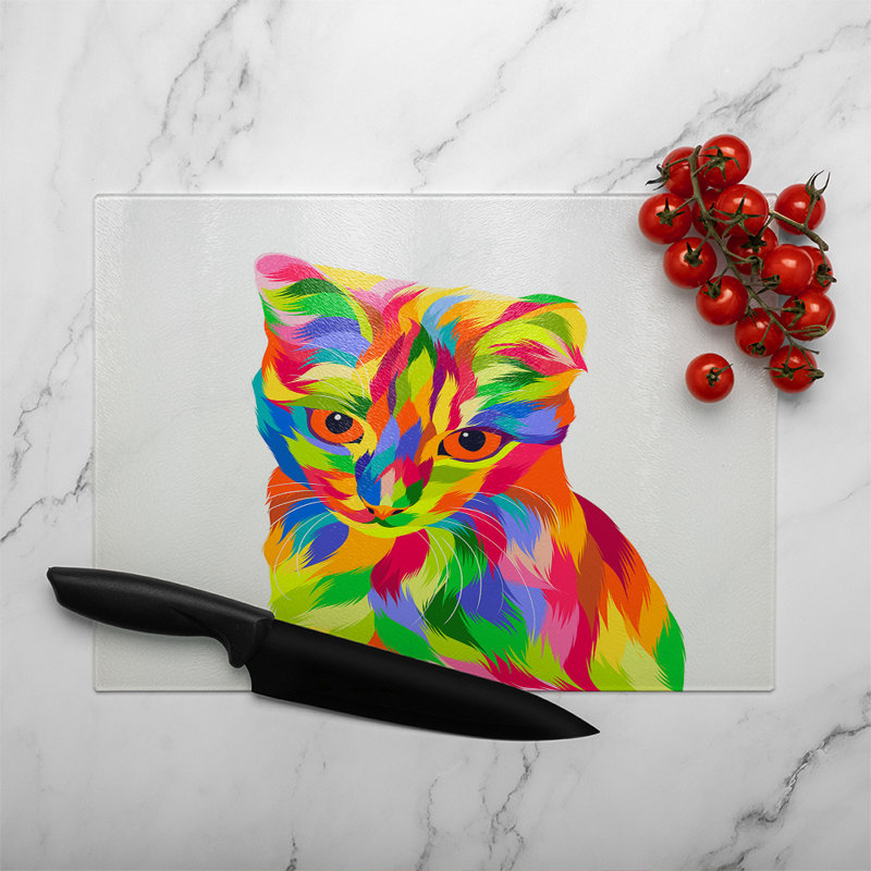 Animal Cat Illustration Pop Art Designer Glass Chopping Board, 40cm L x 28cm W
