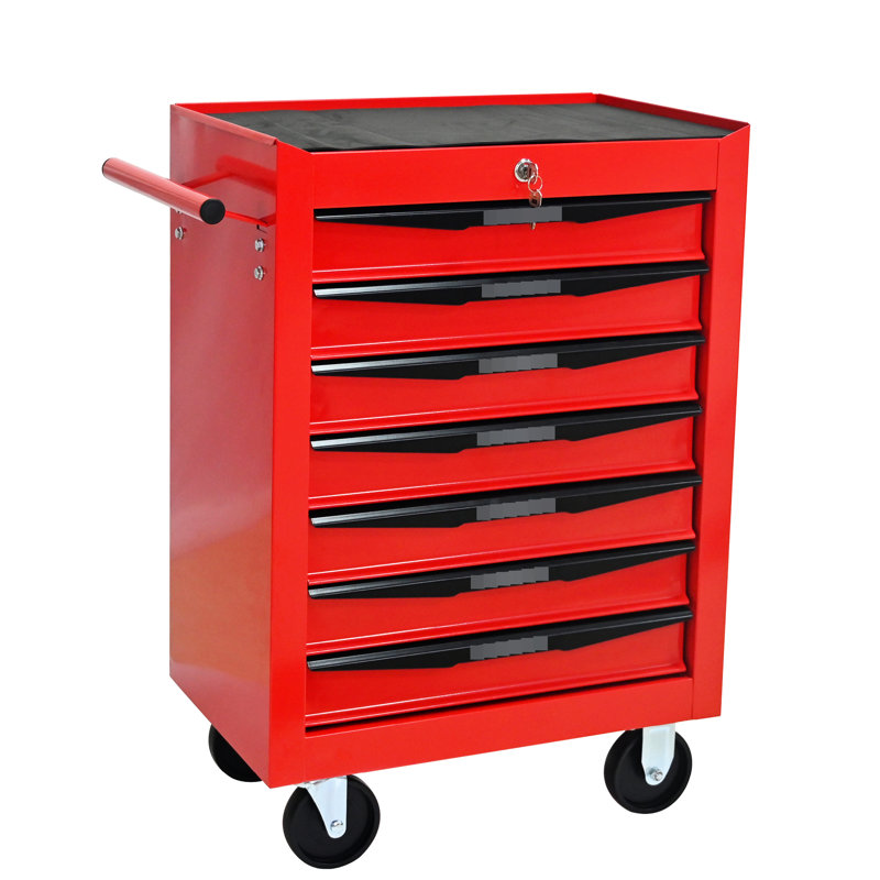 Chariot à outils à 7 tiroirs, acier laminé à froid rouge et noir, glissières à roulement, charge de 15 kg, armoire à 4 tiroirs pivotants de 20 po avec tiroirs, glissières à ouverture douce, roues universelles verrouillables, caractéristique clé