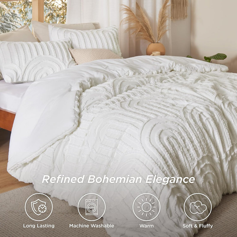 Ensembles de literie en jacquard Boho, Édredon pour très grand lit + 2 taies décorativ, Blanc