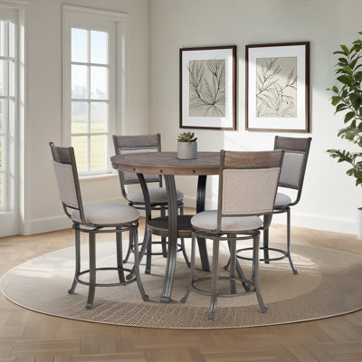 Luker 5-Piece Wood and Metal Counter Height Dining Set with Upholstered Swivel Stools