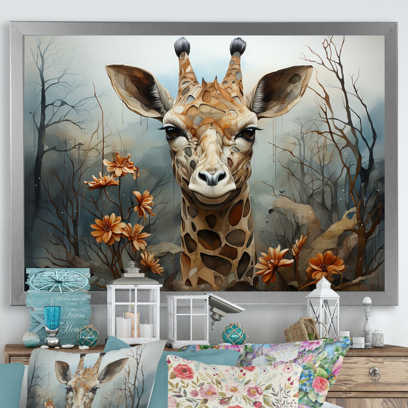 Mignonne girafe dans un champ de fleurs II, H 34 po x l 44 po x P 1,5 po, Cadre simple argenté