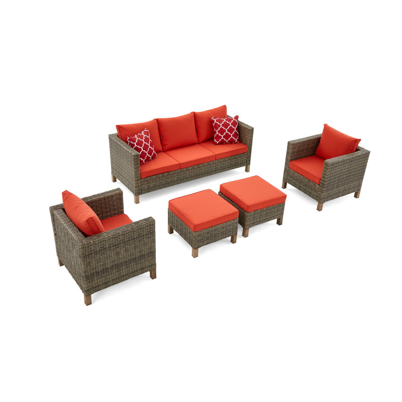 Brezae Wicker 5 - Person Patio Conversation Set with Cushions, Orange