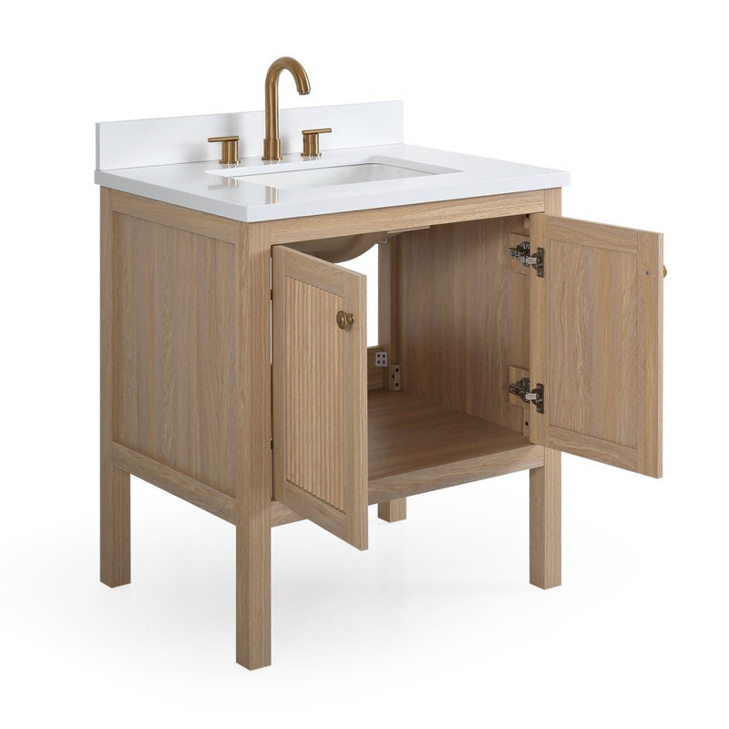 Meuble-lavabo sur pied moderne Sera de 76 cm (30 po) en chêne clair, de marque Tennant, avec lavabo simple et comptoir en quartz blanc, entièrement assemblé.