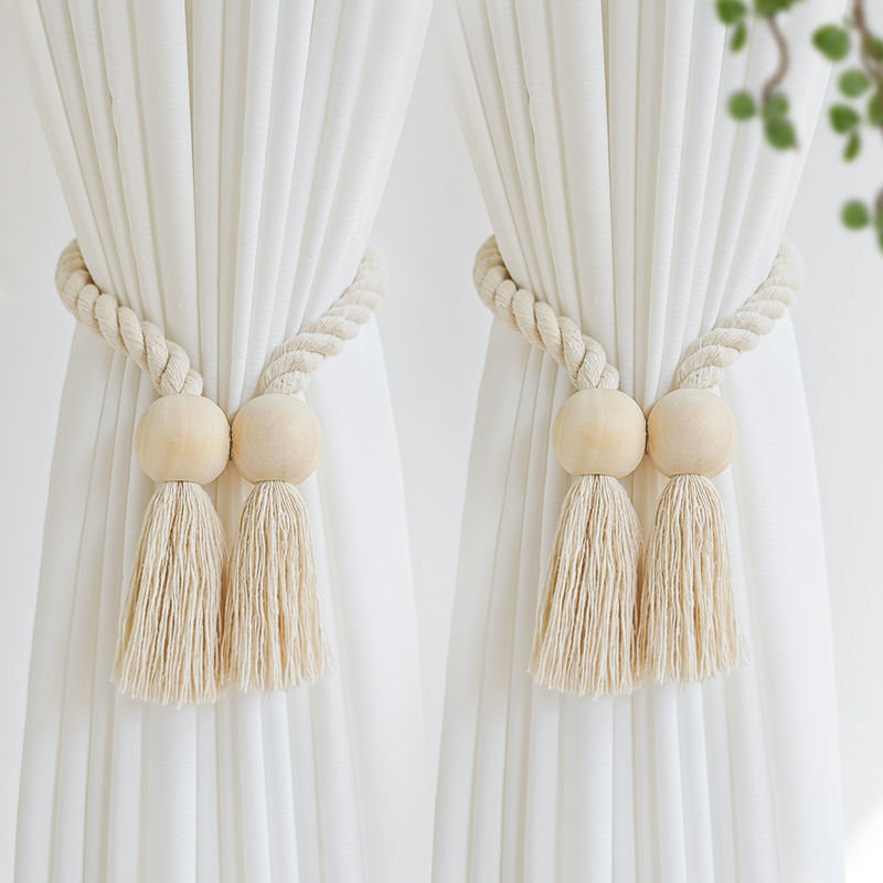 Rustic Magnetic Wooden Ball Curtain Tieback, Beige
