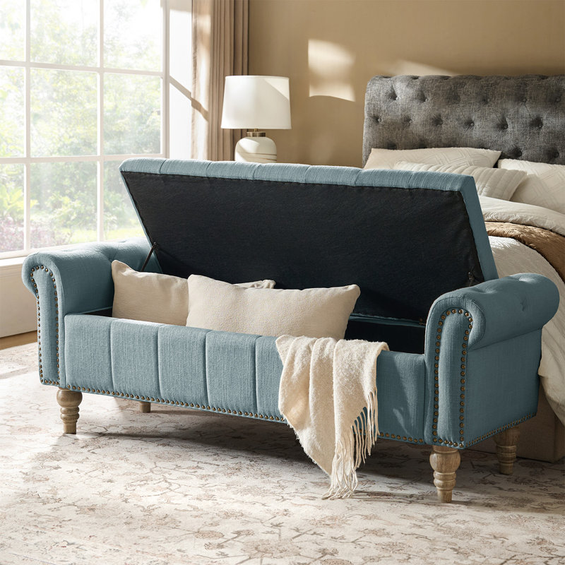 Georgia 58.5'' W  Traditional Classic Storage Bench with Solid Wood Legs and Nailhead Trim, Blue