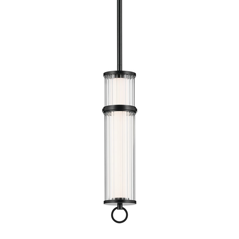 Luminaire suspendu 1 lumière DEL 15,5 pouces avec verre cannelé transparent, Noir satiné