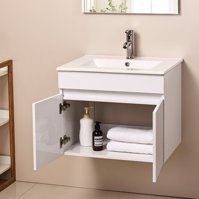 Meuble-lavabo moderne avec lavabo et robinet en céramique; lavabo mural flottant avec fermeture en douceur 2 portes d'un grand espace de rangement