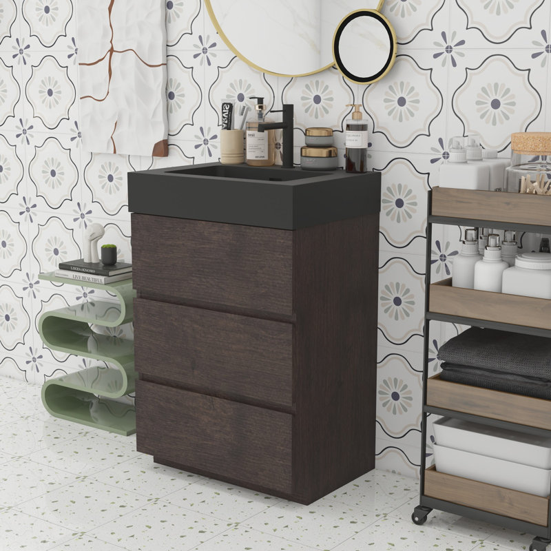 Modern Bathroom Large Storage Vanity, Walnut, Black