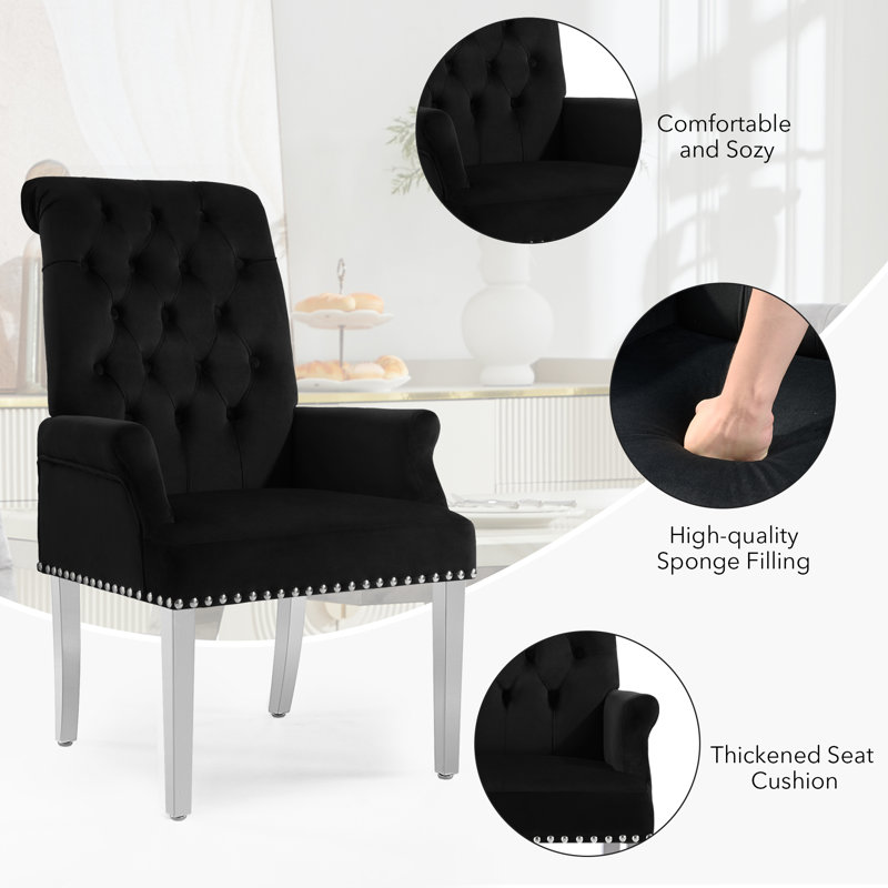 Upholstered Tufted Arm Dining Chairs, Velvet Black