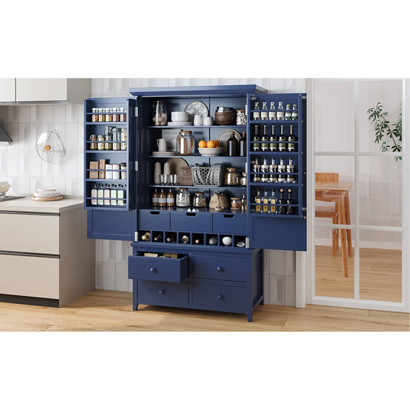 Grande armoire de rangement autoportante en bois avec 8 portes, 3 tablettes réglables, 7 tiroirs et 8 casiers à vin, bleu