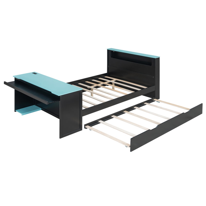 Modern Bed With Computer Desk, Trundle And Lighted Headboard, Wooden Daybed, Blue, Full