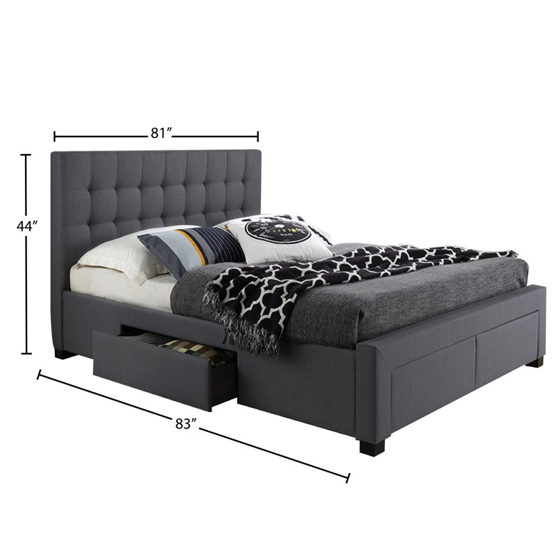 Lit plateforme en lin avec capitonnage à boutons profonds, contemporain, gris, très grand, Très grand lit, Gris anthracite