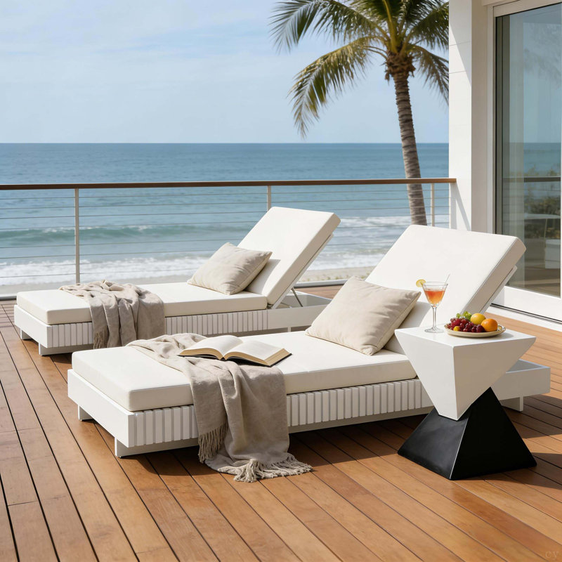 White Acacia Solid Wood Outdoor Chaise Lounge With Water Repellent Cushion,400Lbs Capacity, Modern Patio Sun Lounger For Garden,Poolside