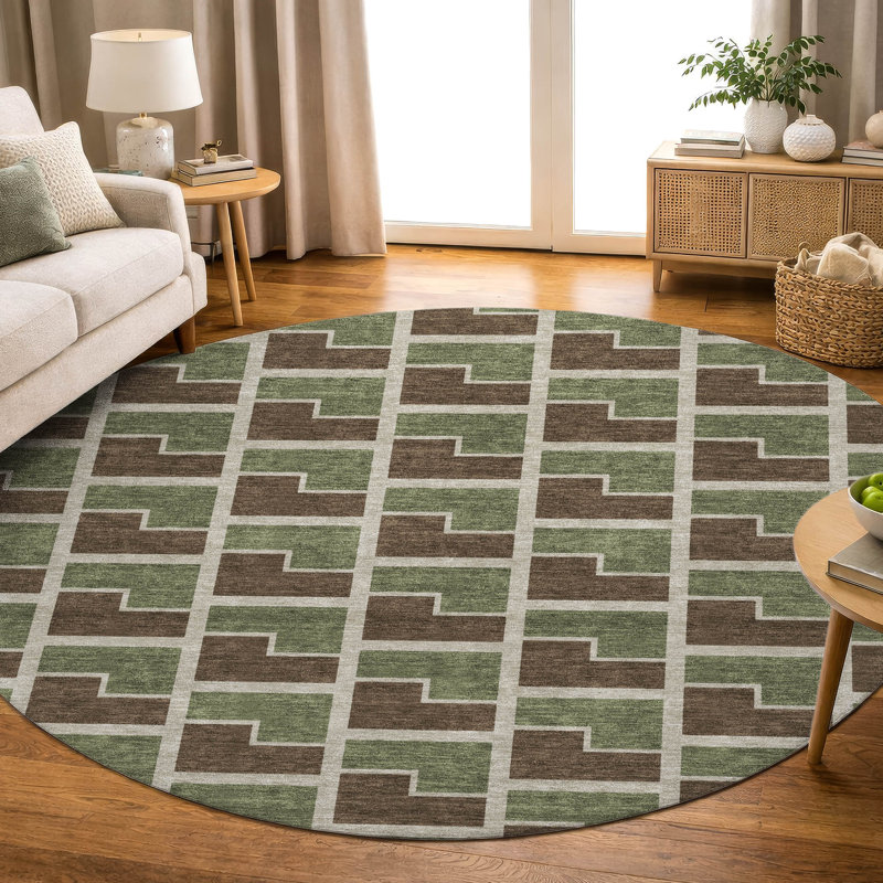 Premium Machine Washable Mayfield AMF2416 Geometric Rug, Chocolate, 8' Round