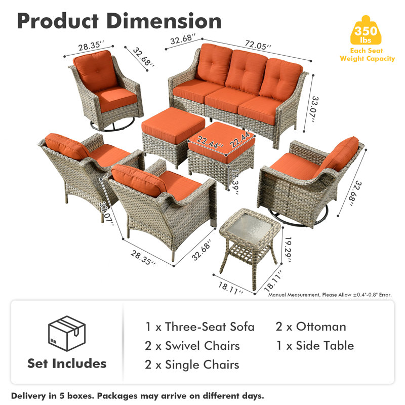 Tommy Outdoor Wicker 9 Person Seating Group With Cushions With Swivel Rocking Chairs And Side Table, Orange