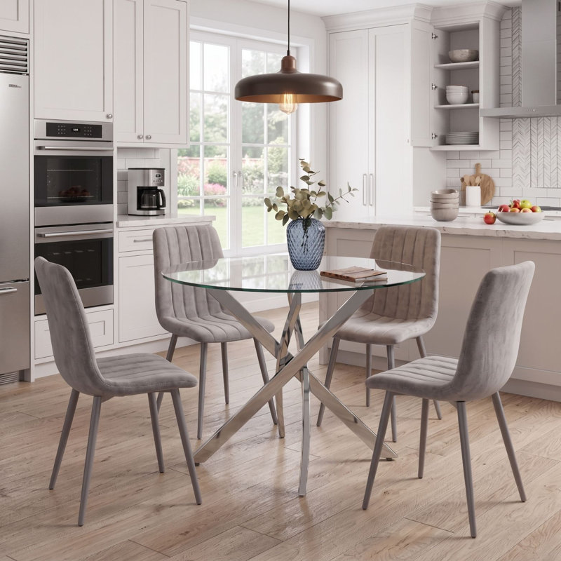 Modern Round Glass Dining Table Set with 4 Velvet Dining Chairs 4 Seater Set, Grey