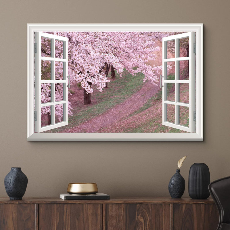 Fenêtre décor de cerisier rose / fleur de sakura au printemps - impression sur toile tendue, H 32 po x l 48 po