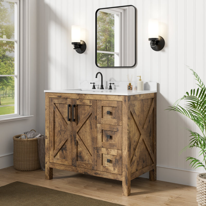 Linsay 36" Fully Assembled Rustic Brown Single Bathroom Vanity with Engineered Stone Marble Top, Soft-Close Doors