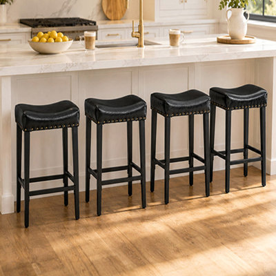 Tabouret de bar 4 pièces, hauteur 65 cm, sans dossier, assise rembourrée de 10 cm d'épaisseur, orné de clous décoratifs en laiton, revêtement en cuir, pieds robustes en acier au carbone de 4 cm de hauteur