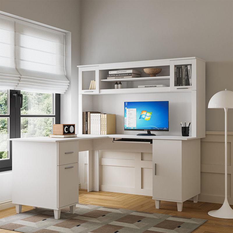 Bureau d'ordinateur Serkan moderne en forme de L (avec tiroirs et tablettes), bureau de travail de bureau à domicile